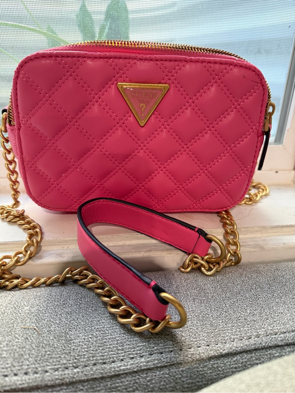 GUESS Quilted Crossbody Bag in Bright Pink with Gold Hardware